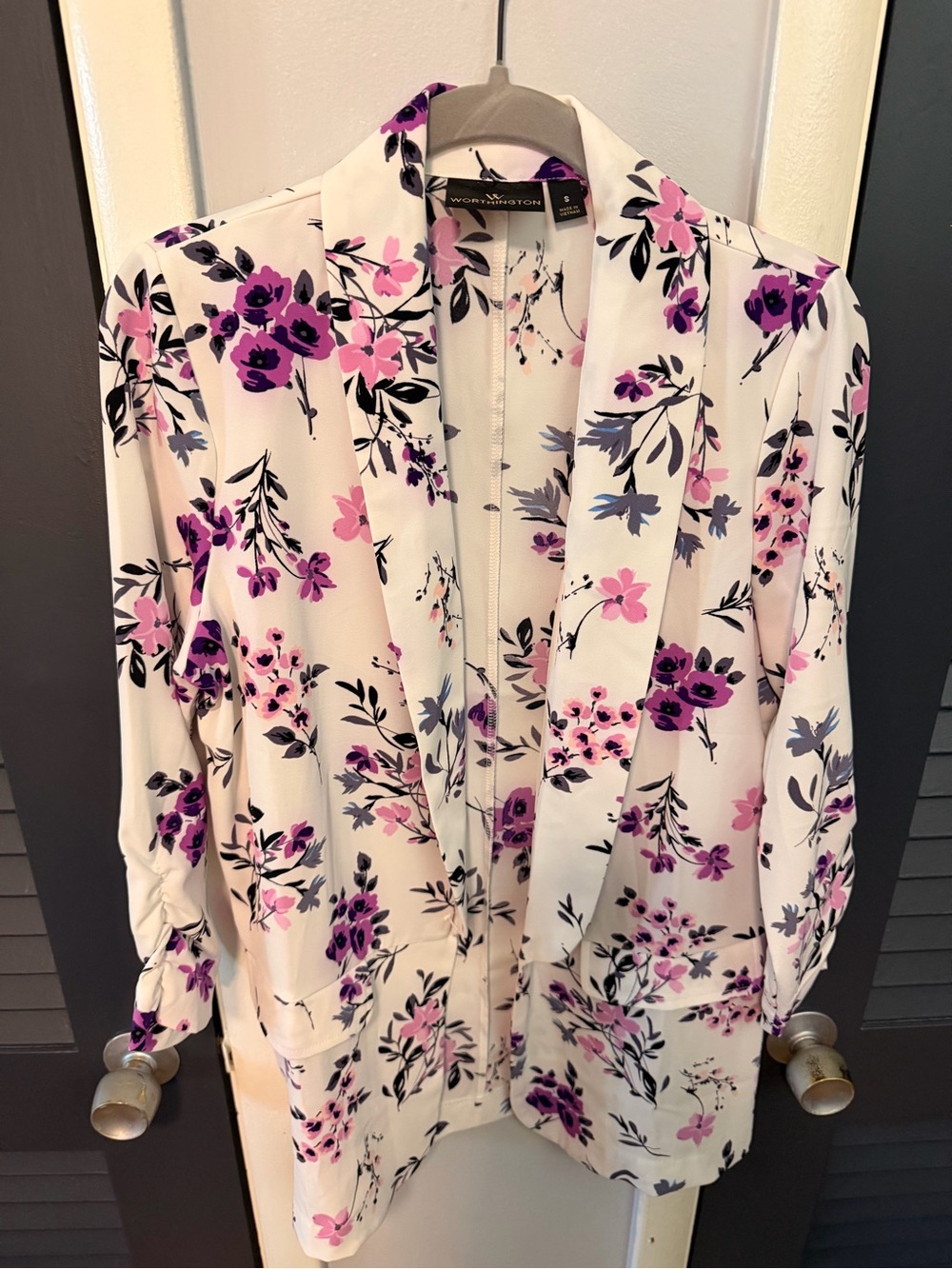 Worthington Floral Open-Front Blazer- White with Pink & Purple Flowers